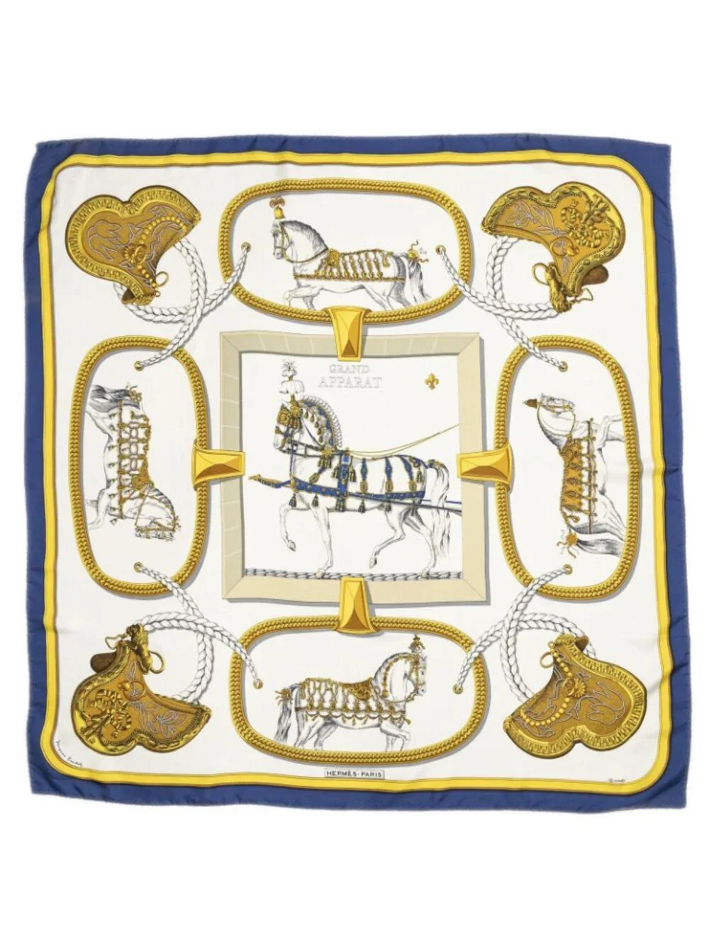 Hermes Scarf Navy White Gold Silk
